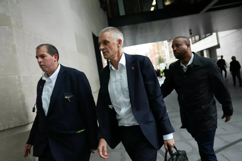 Outgoing Director General of the BBC Tim Davie arrives at BBC Broadcasting House after he and Chief Executive of BBC News Deborah Turness resigned following accusations of bias at the British broadcaster, including in the way it edited a speech by U.S. President Donald Trump, in London, Britain, November 11, 2025. REUTERS/Hannah McKay