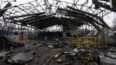 A commercial facility is seen heavily damaged by a Russian strike on Kharkiv, Ukraine, Wednesday, Nov. 12, 2025. (AP Photo/Andrii Marienko)