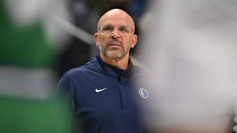 Nov 12, 2025; Dallas, Texas, USA; Dallas Mavericks head coach Jason Kidd looks on during the first quarter against the Phoenix Suns at the American Airlines Center. Mandatory Credit: Jerome Miron-Imagn Images
