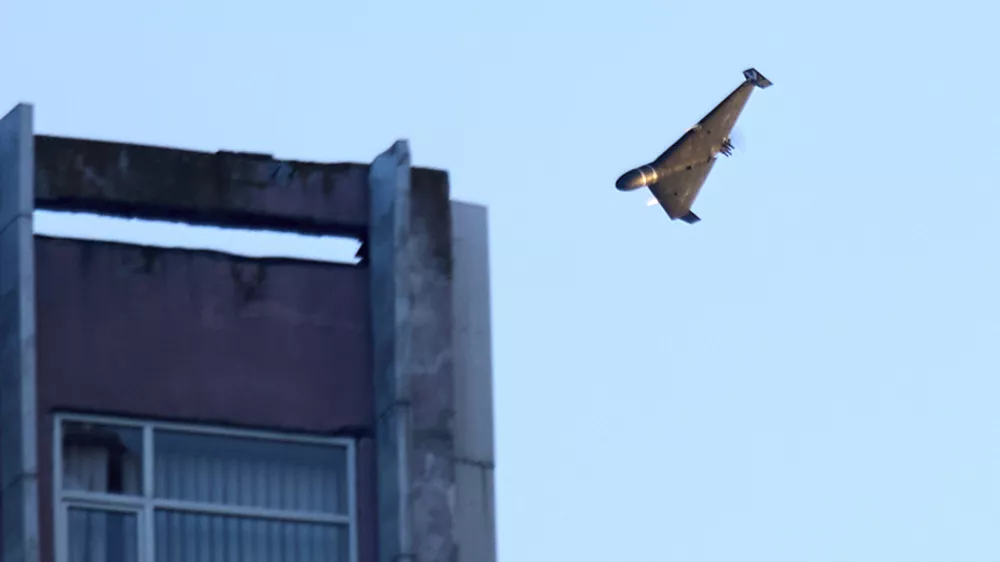 FILE - A Russian drone attacks a building during a Russian missile and drone air attack in Kyiv, Ukraine, June 17, 2025. (AP Photo/Efrem Lukatsky, File)