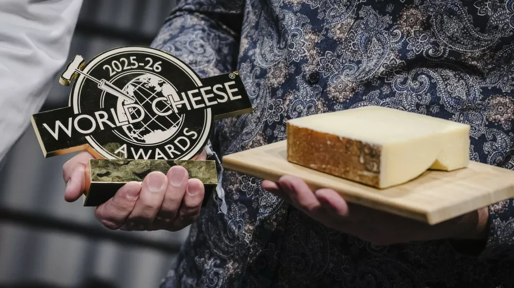 A photograph taken on November 13, 2025 shows the World Cheese Awards first prize winner, a Gruyere AOP special over 18 months cheese presented by Swiss cheese maker Hitz Pius, from the Vorderfultigen cheese company, during the 37th edition of the World Cheese Awards, organised by the Guild of Fine Food, in Bern, Switzerland. With up to 5000 participating cheeses from around 50 countries, the World Cheese Awards is the biggest cheese event in the world. An international jury of around 250 people assesses various aspects of the cheeses, such as the appearance of the rind and paste, as well as the aroma and texture of the cheese.,Image: 1052240351, License: Rights-managed, Restrictions:, Model Release: no