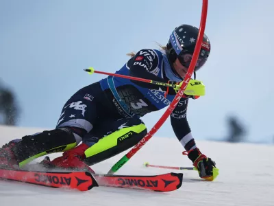 United States' Mikaela Shiffrin competes in an alpine ski, women's World Cup slalom, in Levi, Finland, Saturday, Nov. 15, 2025. (AP Photo/Marco Trovati)