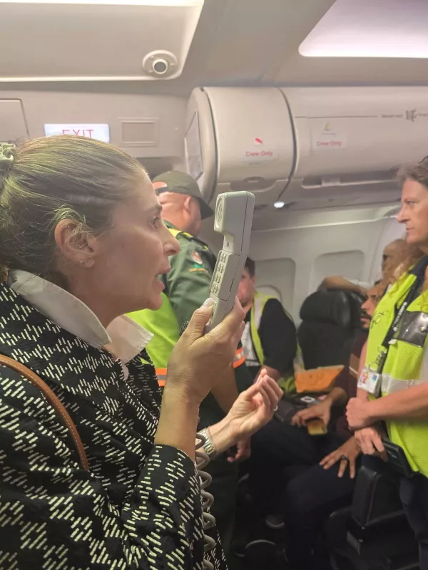 Hanan Jarrar, Palestinian ambassador to South Africa, speaks on a plane in a location given as given as Johannesburg, South Africa, in this handout image released on November 13, 2025. Embassy of the State of Palestine / South Africa via Facebook/Handout via REUTERS  THIS IMAGE HAS BEEN SUPPLIED BY A THIRD PARTY. NO RESALES. NO ARCHIVES. MANDATORY CREDIT