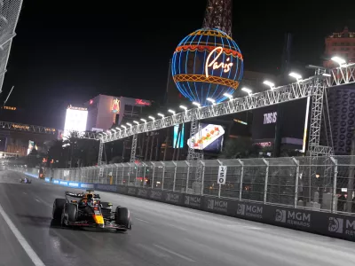 FILE - Red Bull driver Max Verstappen, of the Netherlands, drives the course during a qualifier for the Formula One U.S. Grand Prix auto race, Nov. 22, 2024, in Las Vegas. (AP Photo/Rick Scuteri, File)