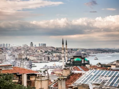 Straddling Europe and Asia, the city of Instanbul, in Turkey, June 28, 2018. Some businesses in Turkey have doubled prices on imported goods this year and are already feeling a fall off in sales, as economists warn of galloping inflation.,Image: 382245994, License: Rights-managed, Restrictions:, Model Release: no