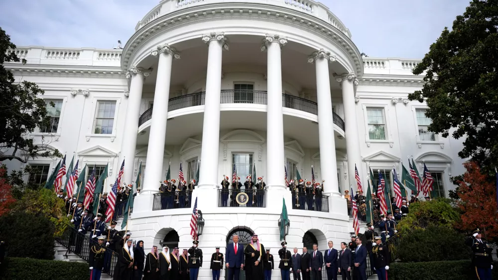 President Donald Trump welcomes Saudi Arabia's Crown Prince Mohammed bin Salman to the White House, Tuesday, Nov. 18, 2025, in Washington. (AP Photo/Mark Schiefelbein)
