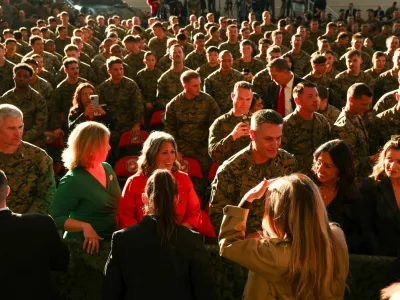 U.S. first lady Melania Trump meets with military service members and their families at Marine Corps Air Station New River in Jacksonville, North Carolina, U.S., November 19, 2025. REUTERS/Kevin Lamarque