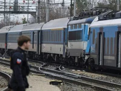 The scene after an express train collided with a passenger train on the line between Zliv and D&iacute;včice in the Česk&eacute; Budějovice region in the southern Czech Republic on Thursday, Nov.20, 2025. (Vaclav Pancer/CTK via AP)