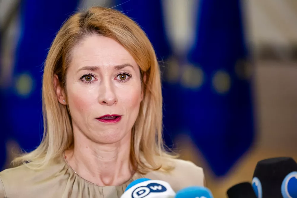 European Union foreign policy chief Kaja Kallas speaks to media as she arrives for a EU general affairs meeting at the European Council building in Brussels, Thursday, Nov.20, 2025. (AP Photo/Geert Vanden Wijngaert)
