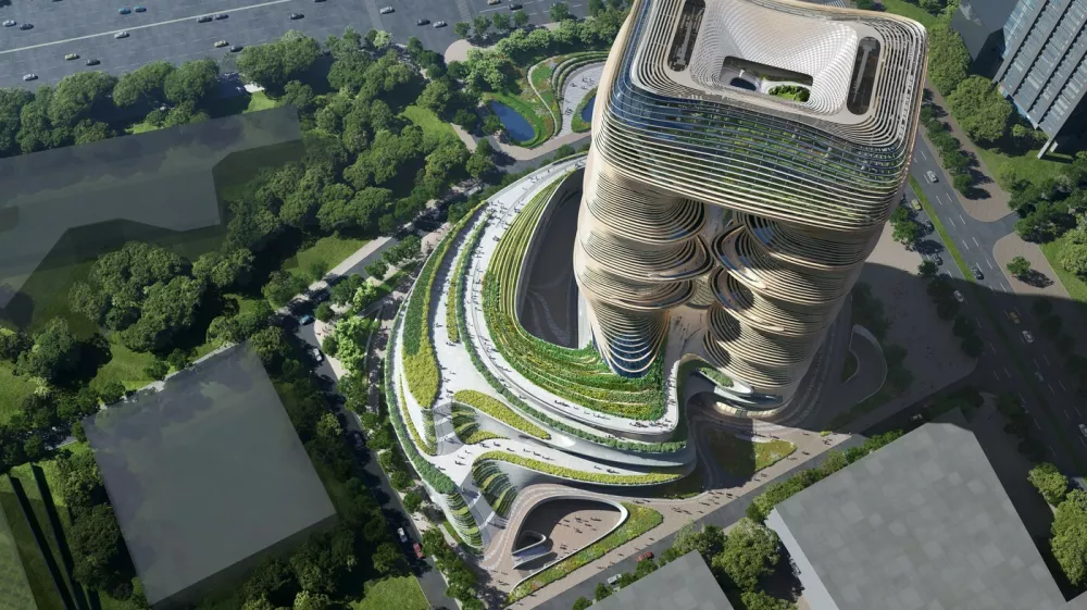 Ferrari Press AgencyYidan 1Ref 1728105/11/2025 See Ferrari textPicture MUST credit: Zaha Hadid Architects / Render by AtchainAn out of this world building that looks like the backdrop of a sci-fi movie future city is under construction in China.The Yidan Center by the UK's Zaha Hadid Architects, is located in the cultural quarter of Shenzhen.It will host offices and exhibition spaces, along with collaboration areas, for the philanthropic Chen Yidan Foundation.It consists of two separate towers that meet at the top with a vid between them.It is said to be inspired by the mountains and canyons that surround Shenzhen.A large skylight at the base floods the interiors below with natural light and enables visitors in indoor public spaces to experience and appreciate the centre's architecture above.The project is slated to receive a green building award and is wrapped in rippling louvers that provide solar shading while still allowing daylight and views. OPS: Render of the the Yidan Centre. / Render by AtchainPicture supplied by Ferrari,Image: 1050561085, License: Rights-managed, Restrictions:, Model Release: no