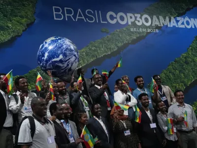 Delegates from Ethiopia, host of COP32, pose for a photo at the COP30 U.N. Climate Summit, Saturday, Nov. 22, 2025, in Belem, Brazil. (AP Photo/Joshua A. Bickel)
