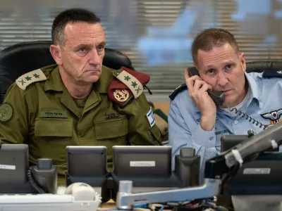 FILED - 26 October 2024, Israel, Tel Aviv: Chief of Israeli General Staff Herzi Halevi (L) and Commander of the Israeli Air Force Tomer Bar sit in an underground command center of the Israeli Air Force at Camp Rabin (Kirya) directing an attack on Iran. Israeli Chief of the General Staff Herzi Halevi has resigned, citing failures by the Israeli military regarding the Hamas-led October 7 attacks, a military spokesman said on Tuesday. Photo: -/IDF/X/dpa - ACHTUNG: Nur zur redaktionellen Verwendung und nur mit vollst&auml;ndiger Nennung des vorstehenden Credits