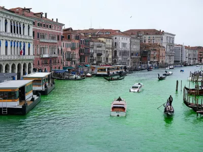A handout photograph taken and released on November 22, 2025, by Extinction Rebellion Press Office, shows a general view of the Grand Canal in Venice with its waters dyed green during the "Stop Ecocide" demonstration origanized by Extinction Rebellion.,Image: 1053924310, License: Rights-managed, Restrictions: RESTRICTED TO EDITORIAL USE - MANDATORY CREDIT "AFP PHOTO / Extinction Rebellion Press Office" - HANDOUT - NO MARKETING NO ADVERTISING CAMPAIGNS - DISTRIBUTED AS A SERVICE TO CLIENTS, ***HANDOUT image or SOCIAL MEDIA IMAGE or FILMSTILL for EDITORIAL USE ONLY! * Please note: Fees charged by Profimedia are for the Profimedia's services only, and do not, nor are they intended to, convey to the user any ownership of Copyright or License in the material. Profimedia does not claim any ownership including but not limited to Copyright or License in the attached material. By publishing this material you (the user) expressly agree to indemnify and to hold Profimedia and its directors, shareholders and employees harmless from any loss, claims, damages, demands, expenses (including legal fees), or any causes of action or allegation against Profimedia arising out of or connected in any way with publication of the material. Profimedia does not claim any copyright or license in the attached materials. Any downloading fees charged by Profimedia are for Profimedia's services only. * Handling Fee Only ***, Model Release: no