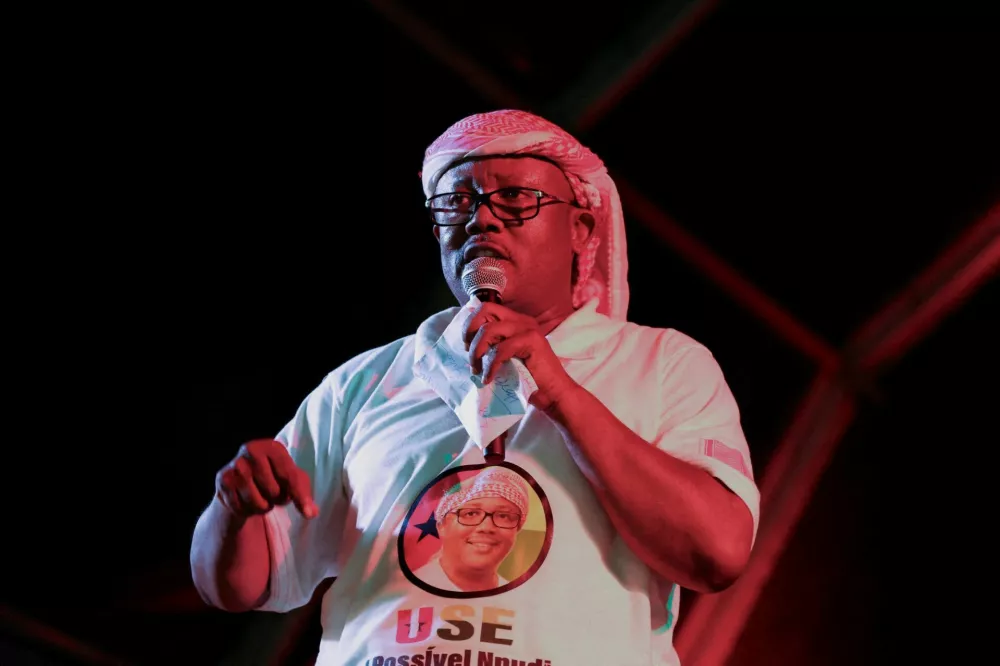 FILE PHOTO: Guinea-Bissau President Umaro Sissoco Embalo speaks during his final campaign rally in Bissau, Guinea-Bissau, November 21, 2025. REUTERS/Luc Gnago/File Photo