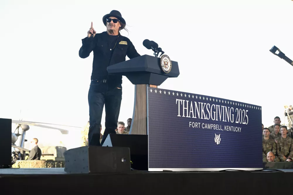 Kid Rock speaks before introducing Vice President JD Vance during a visit to Fort Campbell, Ky., Wednesday, Nov. 26, 2025. (AP Photo/John Amis)