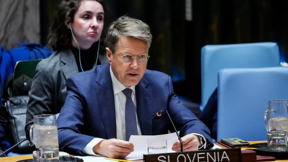 Permanent Representative of Slovenia to the United Nations, Samuel Zbogar, addresses a meeting of the United Nations Security Council on the situation in Libya at the U.N. headquarters in New York City, U.S., November 25, 2025. REUTERS/Eduardo Munoz
