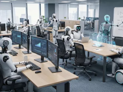 Izmi&scaron;ljena pisarna z roboti in umetno inteligenco. Kot kaže, brez ljudi in člove&scaron;kih težav ne gre dobro. / Foto: Google Gemini