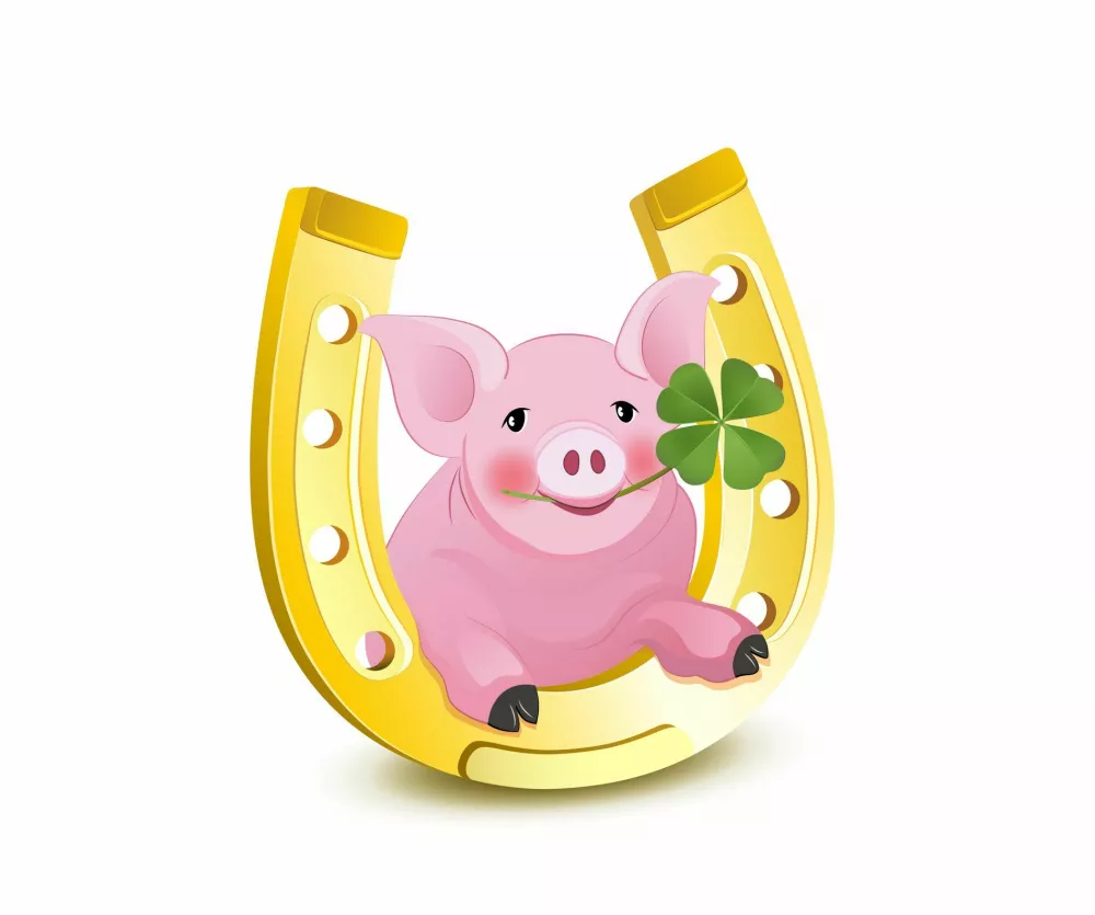 Card with horseshoe, lucky pig and shamrock,New Years Eve and lucky charm card,Vector illustration isolated on white background / Foto: Kunst-mp