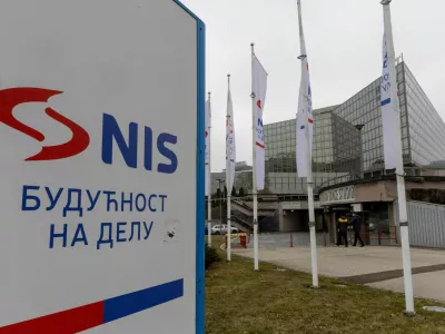 FILE PHOTO: NIS sign outside the headquarters building of Serbian oil company NIS, which is majority owned by the Russian oil producer Gazprom Neft, in Belgrade, Serbia, January 15, 2025. REUTERS/Djordje Kojadinovic/File Photo
