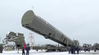 In this video grab provided by RU-RTR Russian television via AP television on Thursday, March 1, 2018, Russia's new Sarmat intercontinental missile is shown at an undisclosed location in Russia. President Vladimir Putin declared Thursday that Russia has developed a range of new nuclear weapons, claiming they can't be intercepted by enemy. (RU-RTR Russian Television via AP)