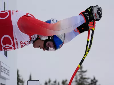 Switzerland's Marco Odermatt starts during a World Cup men's downhill training run, Tuesday, Dec. 2, 2025, in Beaver Creek, Colo. (AP Photo/John Locher)