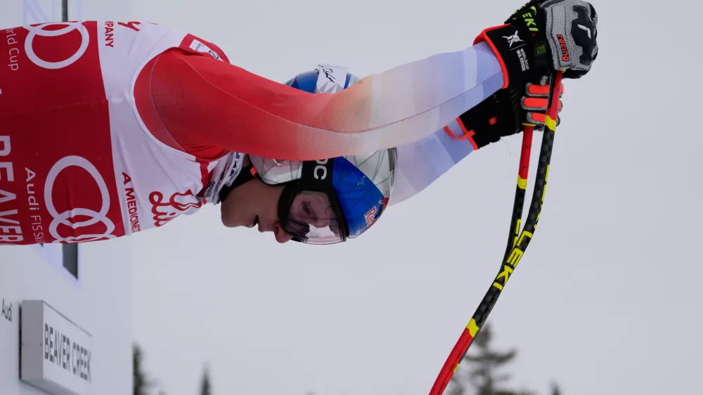 Switzerland's Marco Odermatt starts during a World Cup men's downhill training run, Tuesday, Dec. 2, 2025, in Beaver Creek, Colo. (AP Photo/John Locher)