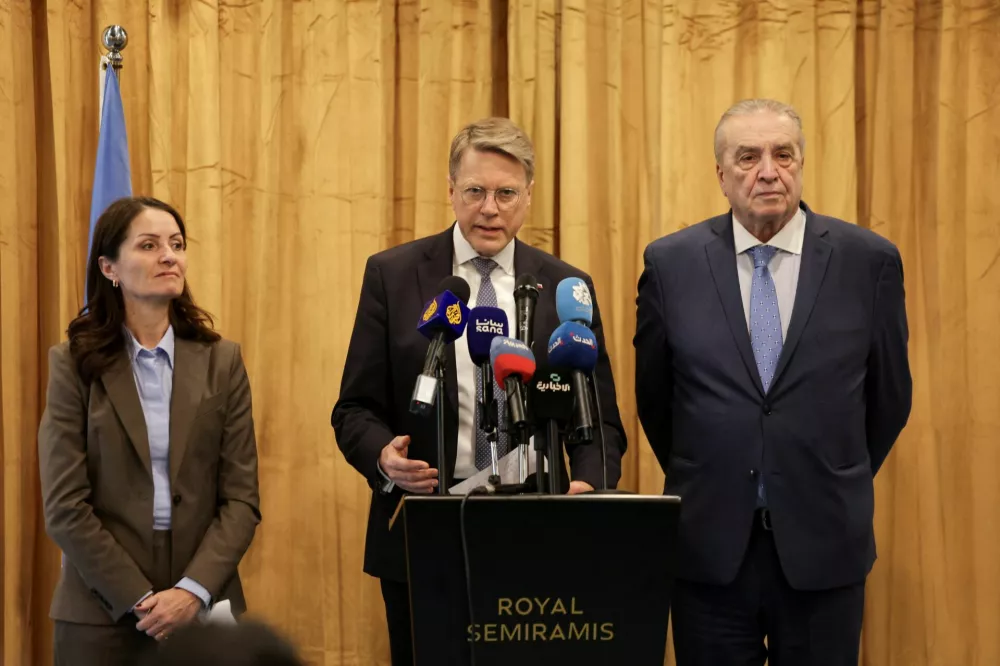 Permanent Representative of Slovenia to the United Nations Samuel Zbogar speaks during a press conference in Damascus, Syria, December 4, 2025. REUTERS/Khalil Ashawi