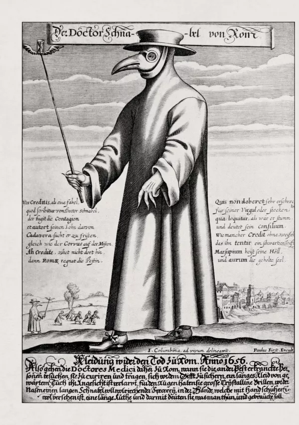 Seventeenth-century illustration by Paul F&uuml;rst of a plague doctor in Rome, with a satirical macaronic poem. / Foto: Gwengoat