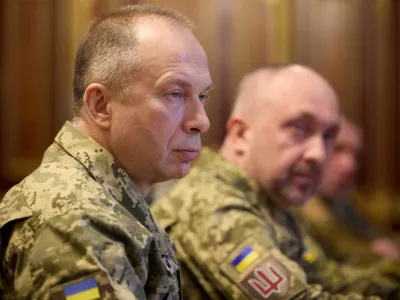 FILE PHOTO: Commander in Chief of the Ukrainian Armed Forces Colonel General Oleksandr Syrskyi attends a meeting with Ukraine's President Volodymyr Zelenskiy and newly appointed top military commanders, amid Russia's attack on Ukraine, in Kyiv, Ukraine February 10, 2024. Ukrainian Presidential Press Service/Handout via REUTERS ATTENTION EDITORS - THIS IMAGE HAS BEEN SUPPLIED BY A THIRD PARTY./File Photo