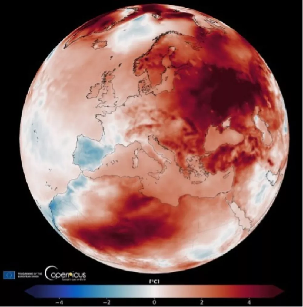 Toplotne vrednosti nad &scaron;e vzdržnim 1,5 stopinj Celzija povečanjem (marec 2025). Podatki: Copernicus