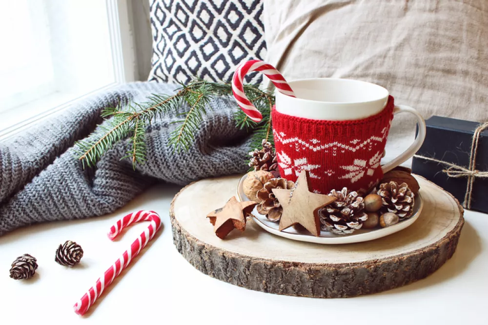 Winter morning breakfast still life scene. Cup of coffee, tea with candy canes standing near window on wooden cut board. Decorated by pine cones, hazelnuts and wooden stars, Christmas concept.