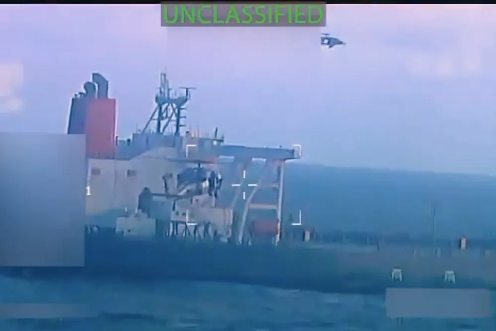 This image from video posted on Attorney General Pam Bondi's X account, and partially redacted by the source, shows an oil tanker being seized by U.S. forces off the coast of Venezuela, Wednesday, Dec. 10, 2025. (U.S. Attorney General's Office/X via AP)