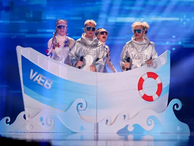FILE PHOTO: V&AElig;B, representing Iceland, perform "ROA", during the first semi-final of the 2025 Eurovision Song Contest, in Basel, Switzerland, May 13, 2025. REUTERS/Denis Balibouse/File Photo