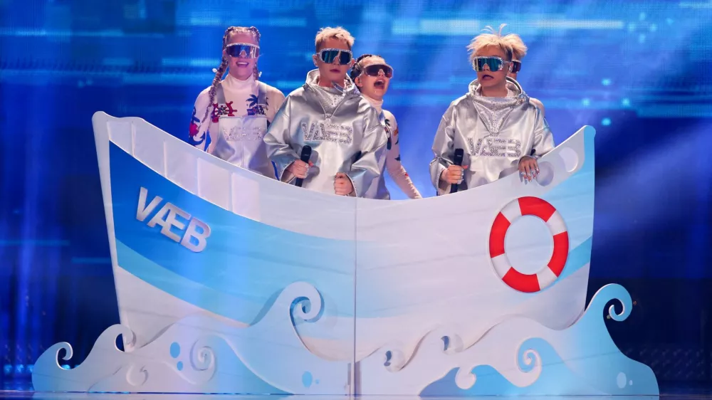 FILE PHOTO: V&AElig;B, representing Iceland, perform "ROA", during the first semi-final of the 2025 Eurovision Song Contest, in Basel, Switzerland, May 13, 2025. REUTERS/Denis Balibouse/File Photo