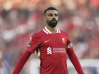 FILE - Liverpool's Mohamed Salah during the English Premier League soccer match between Brighton and Liverpool at American Express Stadium in Brighton, England, Monday, May 19, 2025. (AP Photo/Ian Walton, File)