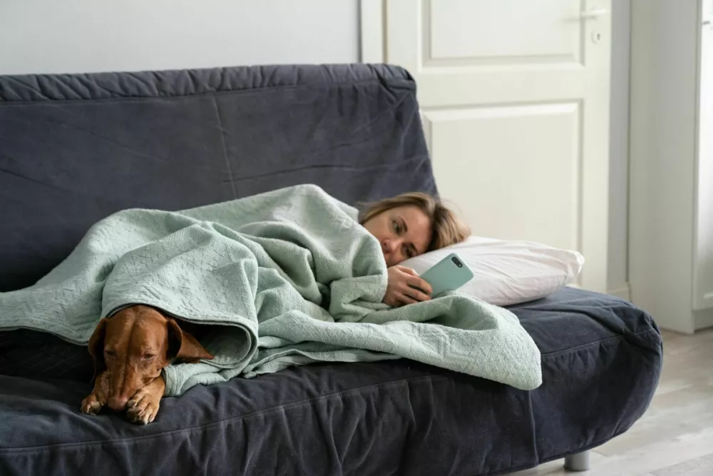 Sad woman lying on sofa with dog, using smart phone in hands wait for boyfriend call or text, feels depressed. Thoughtful female think about relationships problems. Mental health, loneliness concept. / Foto: Dima Berlin