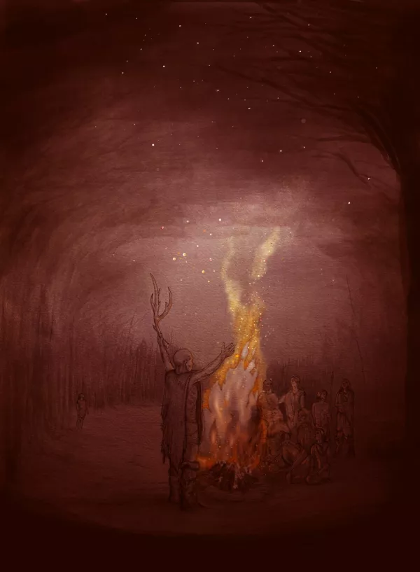 An artist's impression shows a fire burning at an archaeological site near the village of Barnham in England around 400,000 years ago, in this image released on December 10, 2025. Craig Williams, The Trustees of the British Museum/Handout via REUTERS  THIS IMAGE HAS BEEN SUPPLIED BY A THIRD PARTY. NO RESALES. NO ARCHIVES