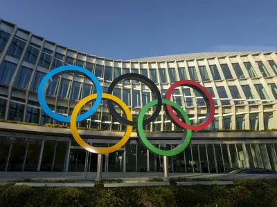 A view shows the Olympic Rings in front of the Olympic House, headquarters of the International Olympic Committee (IOC), during the executive board meeting of the International Olympic Committee (IOC), in Lausanne, Switzerland, March 28, 2023. REUTERS/Denis Balibouse