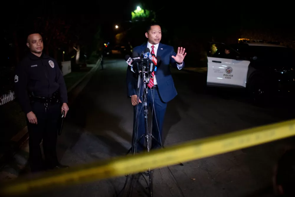 LAPD Deputy Chief Alan Hamilton speaks near Rob Reiner's residence Sunday, Dec. 14, 2025, in the Brentwood section of Los Angeles. (AP Photo/Ethan Swope)