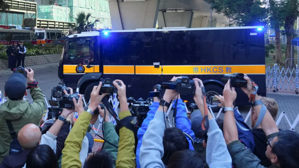 A prison van believed to be carrying Jimmy Lai, leaves the West Kowloon Magistrates' Courts building after the verdict in the national security collusion trial of Jimmy Lai, founder of the now-defunct pro-democracy newspaper Apple Daily, in Hong Kong, China, December 15, 2025. REUTERS/Lam Yik