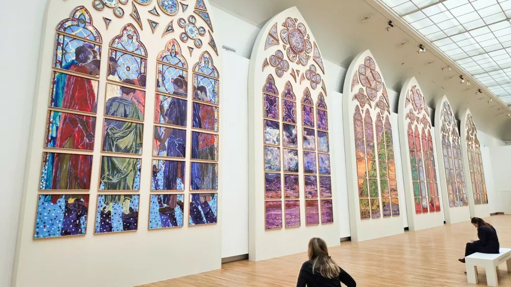 FRANCE, PARIS - DECEMBER 10, 2025: The designs for six new stained-glass windows for the cathedral of Notre Dame on display at the Grand Palais,Image: 1058146582, License: Rights-managed, Restrictions: * Switzerland And Russia Rights Out *, Model Release: no