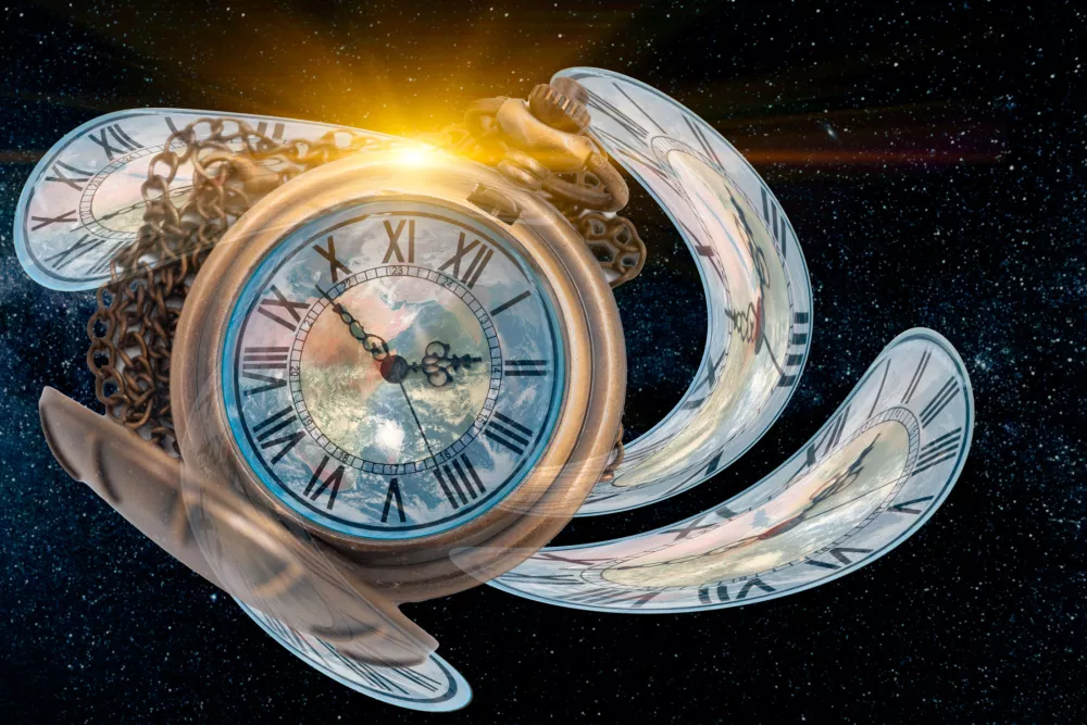 Spacetime universe Scifi concept, Twist clock time distortion warp into space bended curved for Space and Times of Theory, image element from NASA / Foto: Coffeekai