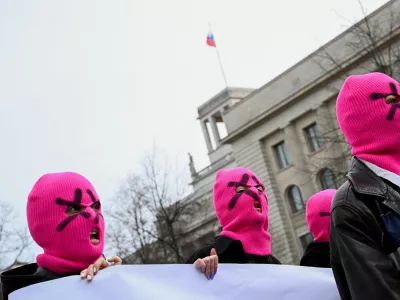 FILE PHOTO: Members of Russian activist and artist group Pussy Riot protest in front of the Russian embassy following the death of Russian opposition leader Alexei Navalny, in Berlin, Germany, February 18, 2024. REUTERS/Annegret Hilse/File Photo