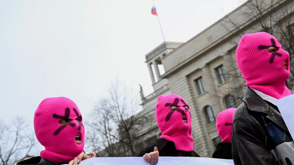 FILE PHOTO: Members of Russian activist and artist group Pussy Riot protest in front of the Russian embassy following the death of Russian opposition leader Alexei Navalny, in Berlin, Germany, February 18, 2024. REUTERS/Annegret Hilse/File Photo