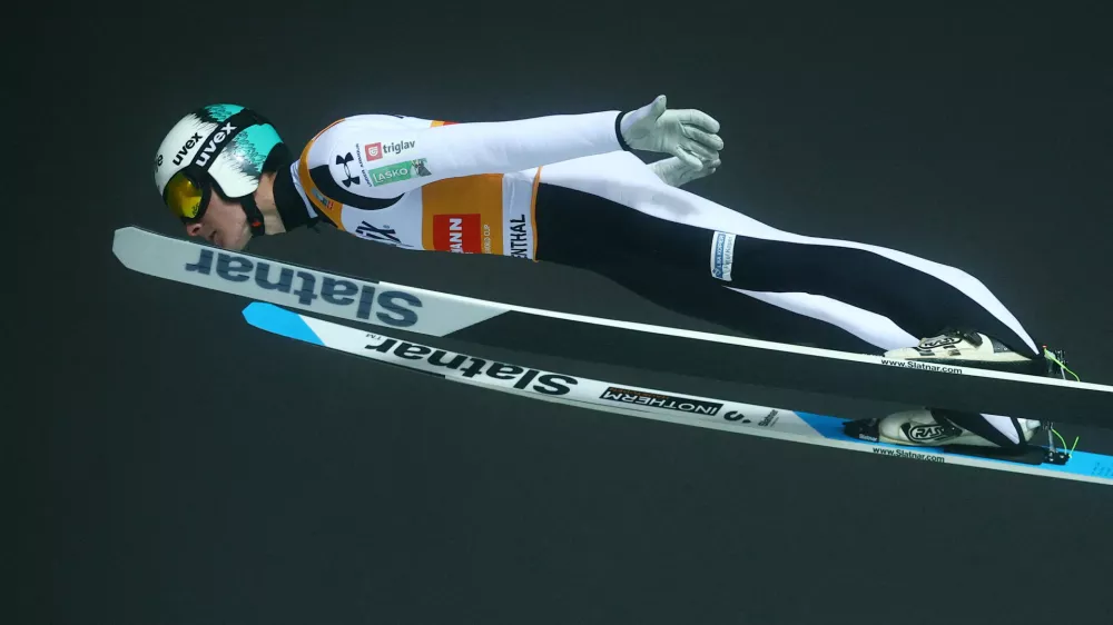 Ski Jumping - FIS Ski Jumping World Cup - Klingenthal, Germany - December 14, 2025 Slovenia's Domen Prevc in action during the first round REUTERS/Lisi Niesner
