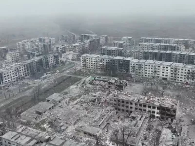 A drone view shows damaged buildings, amid Russia's attack on Ukraine, in Myrnohrad, Donetsk Region, Ukraine, in this still image obtained from a video released on December 15, 2025. Obtained by Reuters/via REUTERS THIS IMAGE HAS BEEN SUPPLIED BY A THIRD PARTY. VERIFICATION: Reuters was able to verify the location as Myrnohrad from the buildings and road layout seen in the video which matched satellite imagery of the area. The date when the video was filmed could not be independently verified.