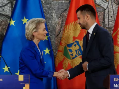 European Commission President Ursula von der Leyen shakes hand with Montenegrin President Jakov Milatovic at a press conference during her visit to Montenegro, as a part of her tour to the Western Balkan countries, in Podgorica, Montenegro, October 31, 2023. REUTERS/Stevo Vasiljevic