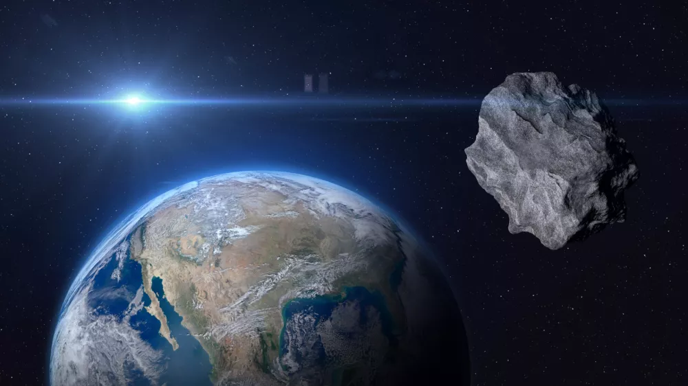 Planet Earth and big asteroid in the space. Concept a potentially hazardous object (PHO). Potentially hazardous asteroids (PHAs). Asteroid in outer space near Earth planet. Stony-iron meteorite is solar system. Elements of this image furnished by NASA. ______ Url(s): "https://www.nasa.gov/multimedia/imagegallery/image_feature_2159.html" Software: Adobe Photoshop CC 2015. Knoll light factory. Adobe After Effects CC 2017. 3ds Max 2016.