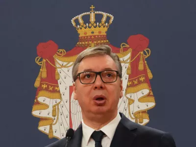 Serbian President Aleksandar Vucic speaks during a signing ceremony between Serbia and Hungary, in Belgrade, Serbia, Tuesday, April 1, 2025. (AP Photo/Darko Vojinovic)
