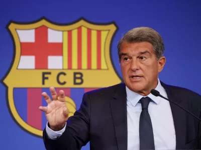 Soccer Football - FC Barcelona Press Conference - 1899 Auditorium, Barcelona, Spain - August 16, 2021 FC Barcelona president Joan Laporta during the press conference REUTERS/Nacho Doce